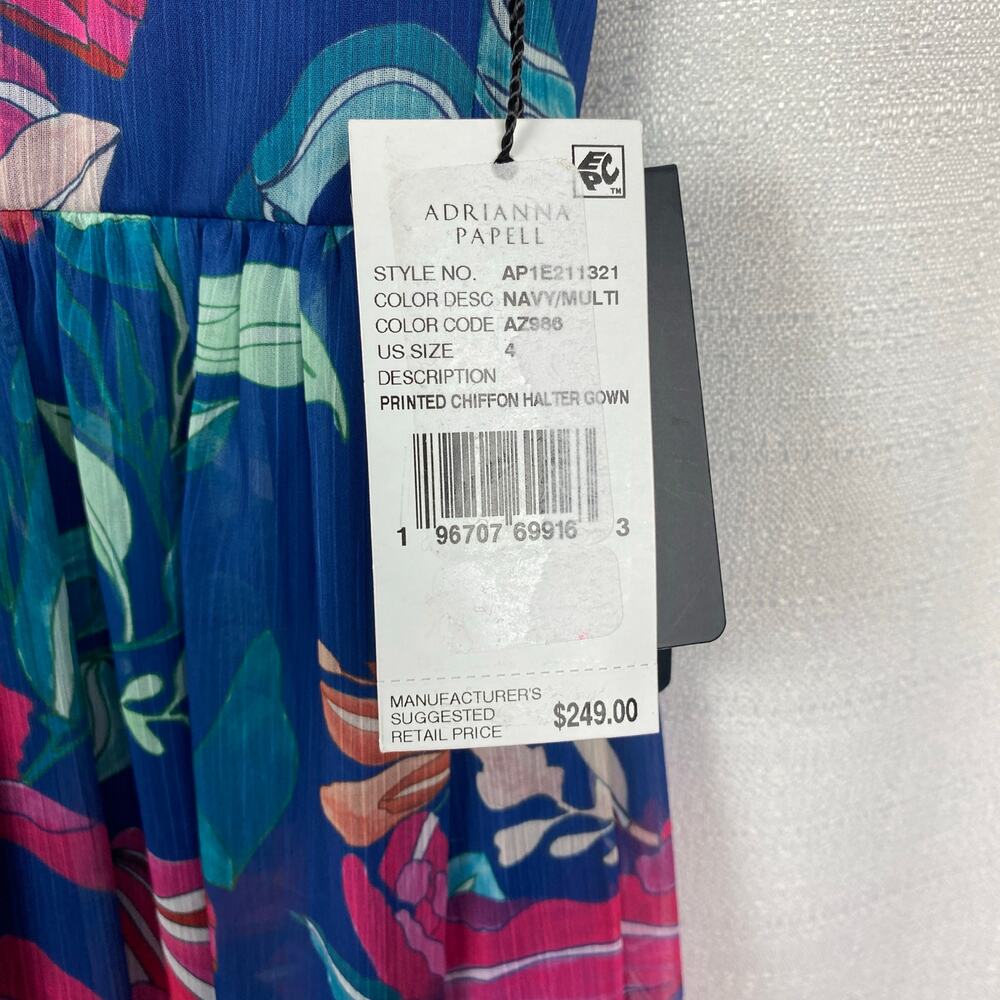Adrianna Papell Navy Multi Floral Printed Chiffon Halter Gown Sz.4 NWT - Picture 8 of 16